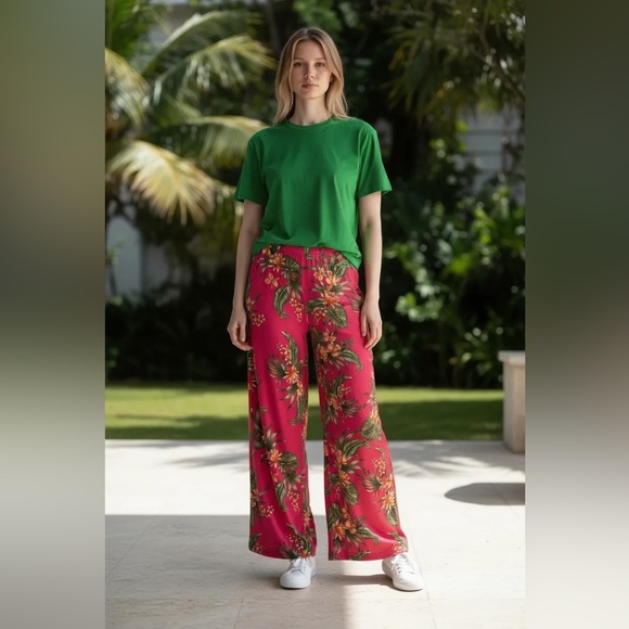 Pants - Wide Leg Floral Pants in Bright Pink